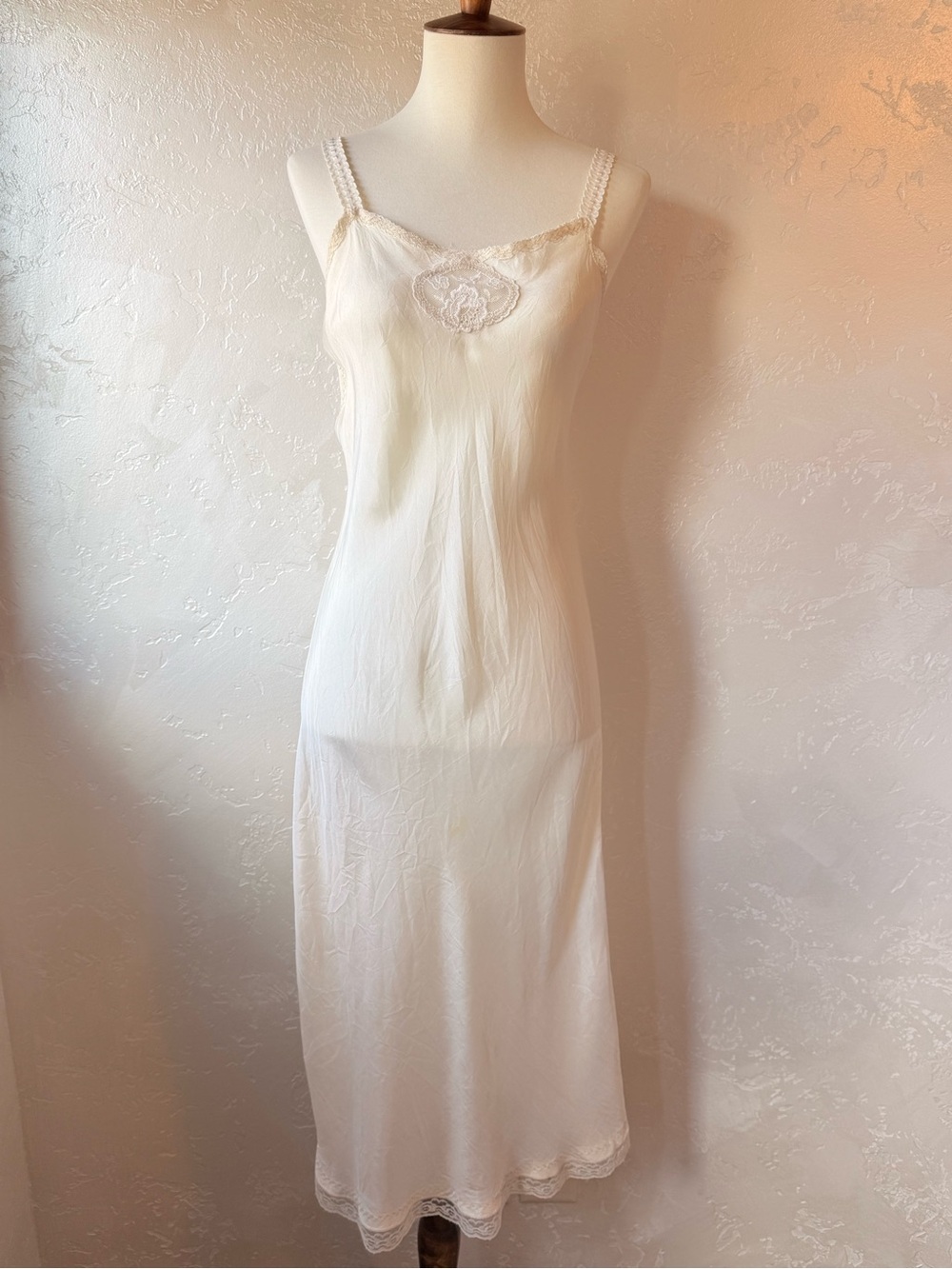 1930s–1940s Vintage Silk/Rayon Slip Dress • Lace Appliqué • Bias Cut • Antique